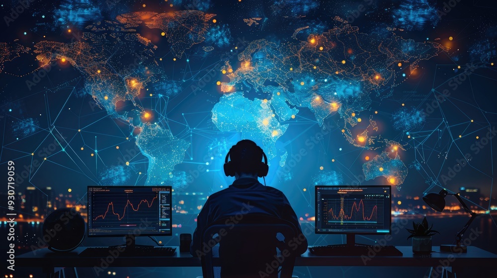 A person analyzing global data on multiple screens in a futuristic control room, illuminated by digital world map and network connections A person analyzing global data on multiple screens in a futuristic control room, illuminated by digital world map and network connections