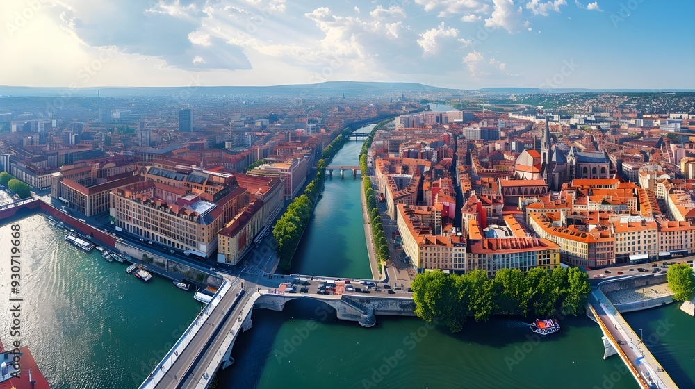 Obraz premium Lyon, France panoramic view in summer, aerial cityscape