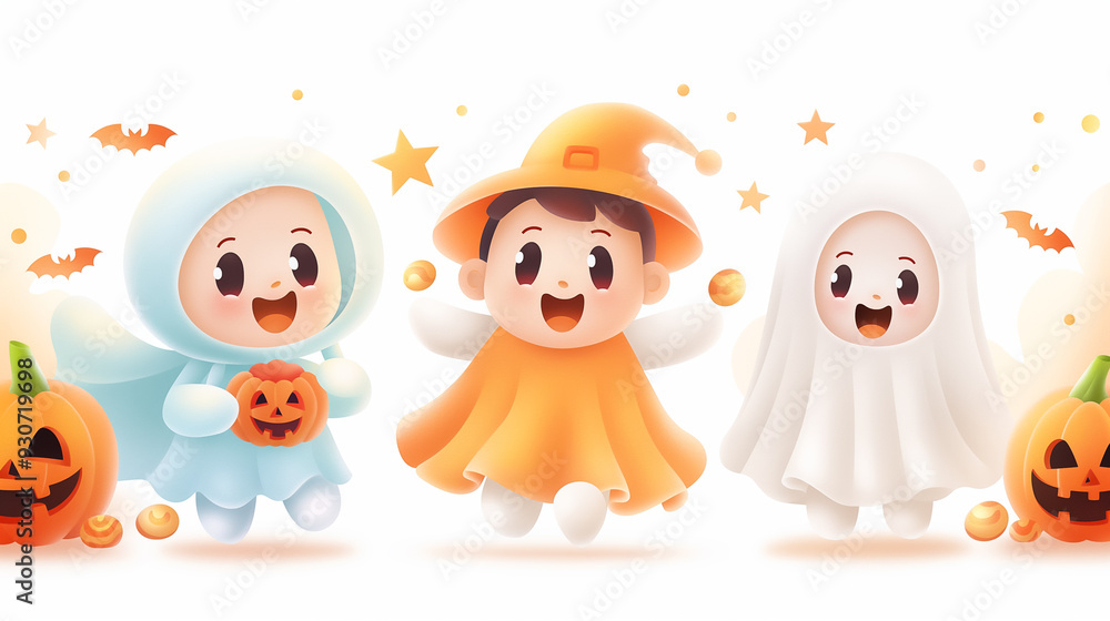 Three joyful kids dressed in colorful Halloween costumes are happily trick-or-treating among pumpkins and festive decorations Three joyful kids dressed in colorful Halloween costumes are happily trick-or-treating among pumpkins and festive decorations