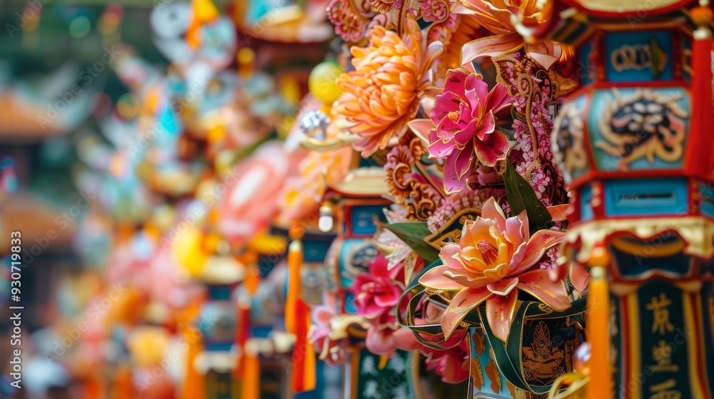 Close-up of ornate lanterns decorated with flowers at a chinese temple Close-up of ornate lanterns decorated with flowers at a chinese temple