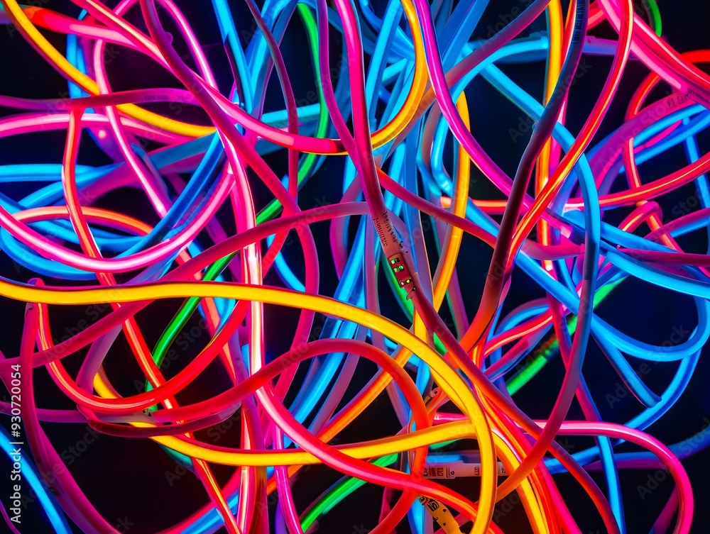 A bunch of colorful neon lights that are tangled together A bunch of colorful neon lights that are tangled together