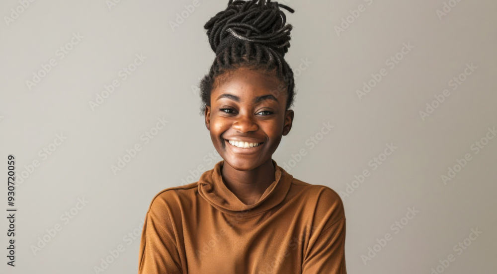 Smiling woman in brown sweater with arms crossed against gray background Smiling woman in brown sweater with arms crossed against gray background