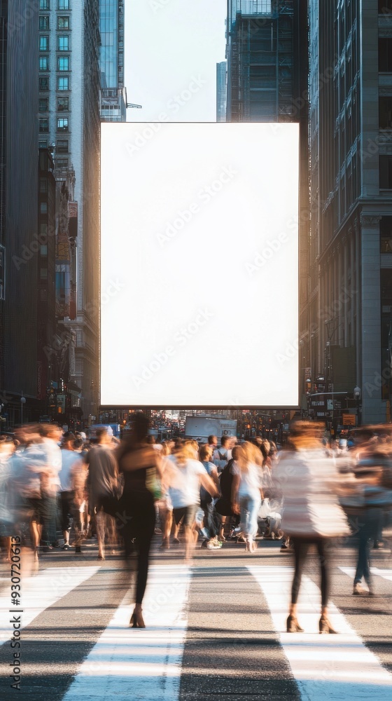 © cvetikmart - Stark white advertising banner at a busy crosswalk, blurred streaks of people rushing past, contrasting with the vibrant and energetic atmosphere of the city street. Empty banner, blurred people