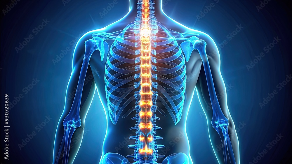 Illuminated 3D illustration of the human spine, showcasing vertebrae and discs in a dynamic, futuristic vector design with glowing blue highlights and subtle shadows. Illuminated 3D illustration of the human spine, showcasing vertebrae and discs in a dynamic, futuristic vector design with glowing blue highlights and subtle shadows.