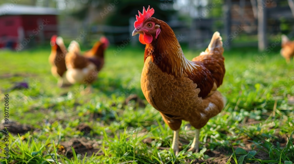 Fototapeta premium Group of chickens standing on a lush green field