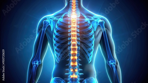 Wallpaper Mural Illuminated 3D illustration of the human spine, showcasing vertebrae and discs in a dynamic, futuristic vector design with glowing blue highlights and subtle shadows. Torontodigital.ca