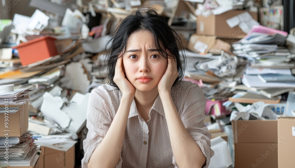 Stressed Woman Surrounded by Clutter and Paperwork in a Messy Office Environment Stressed Woman Surrounded by Clutter and Paperwork in a Messy Office Environment