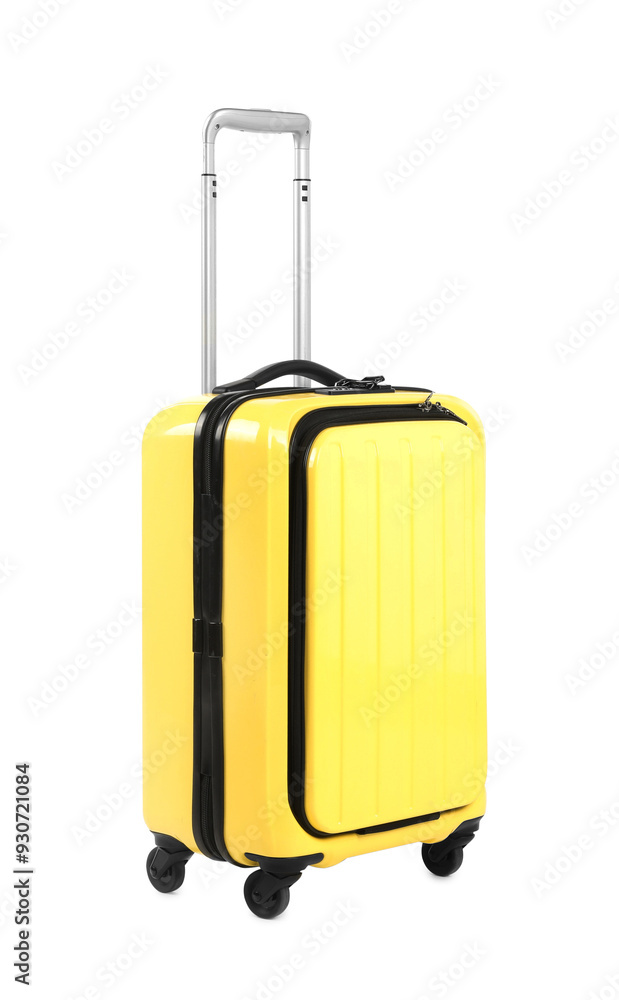 One new yellow suitcase isolated on white One new yellow suitcase isolated on white