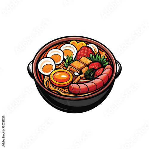 A vibrant vector illustration of a Korean hot pot buda with eggs, sausage, tofu, and vegetables.