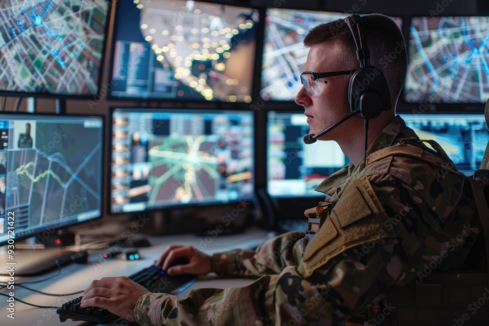 A military officer sits at a desk with a computer, possibly working or researching A military officer sits at a desk with a computer, possibly working or researching