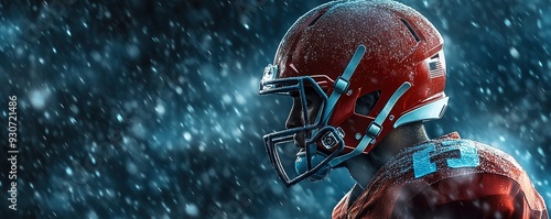 American football player in red helmet under snowfall
