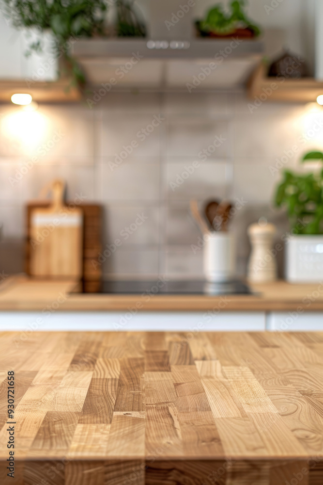 Empty wooden tabletop with blurred kitchen background Empty wooden tabletop with blurred kitchen background