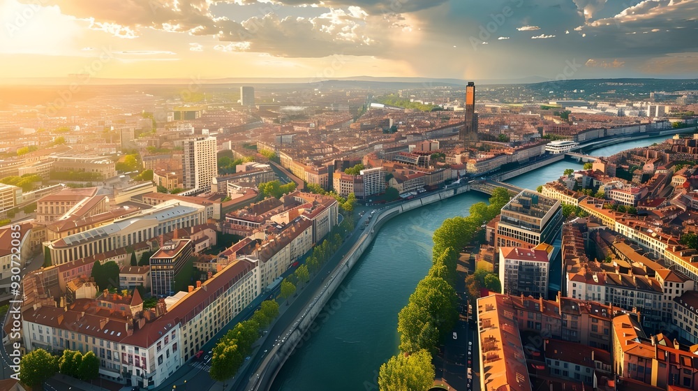 Fototapeta premium Lyon, France panoramic view in summer, aerial cityscape 