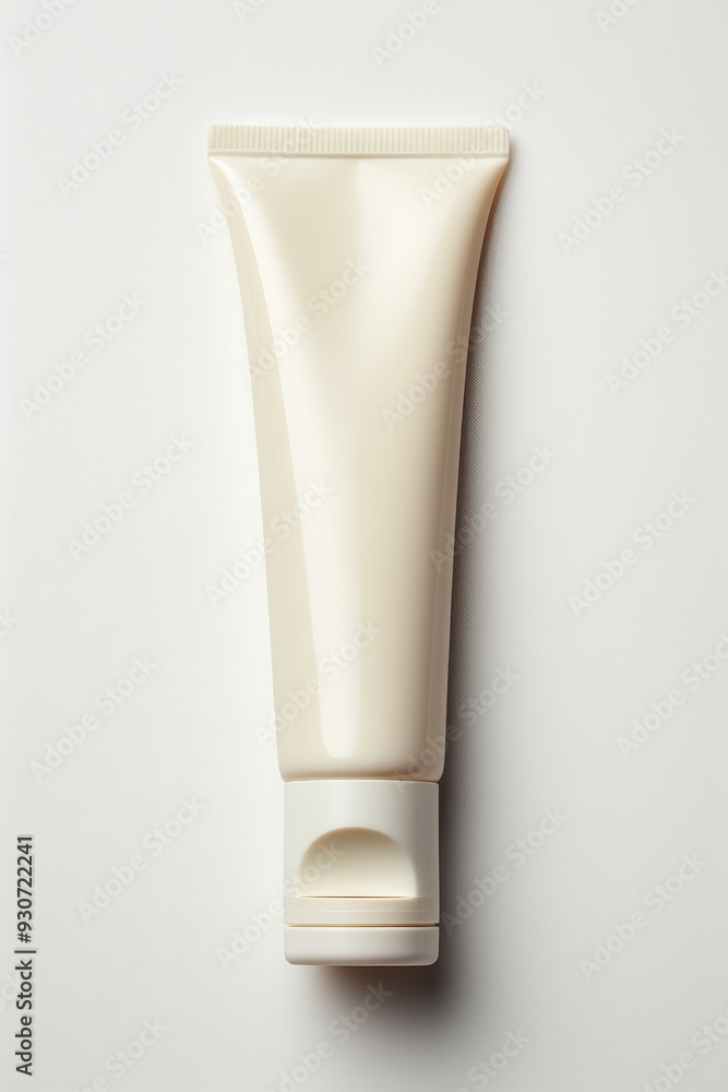 Envase en forma de tubo de plalstico beige de producto de belleza para maquillaje o tratamiento facial, sobre fondo claro Envase en forma de tubo de plalstico beige de producto de belleza para maquillaje o tratamiento facial, sobre fondo claro