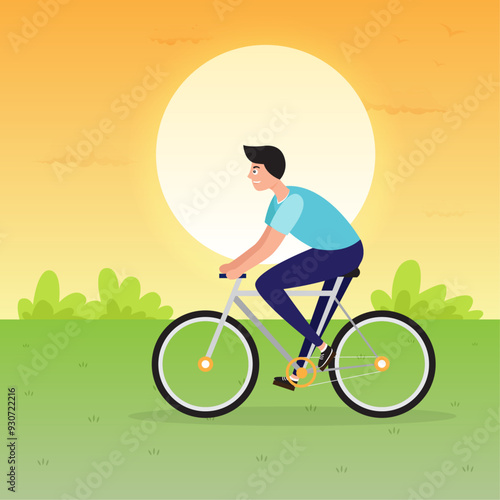 man exercise with ride bicycle for health outdoor park in evening warm light, flat illustration design