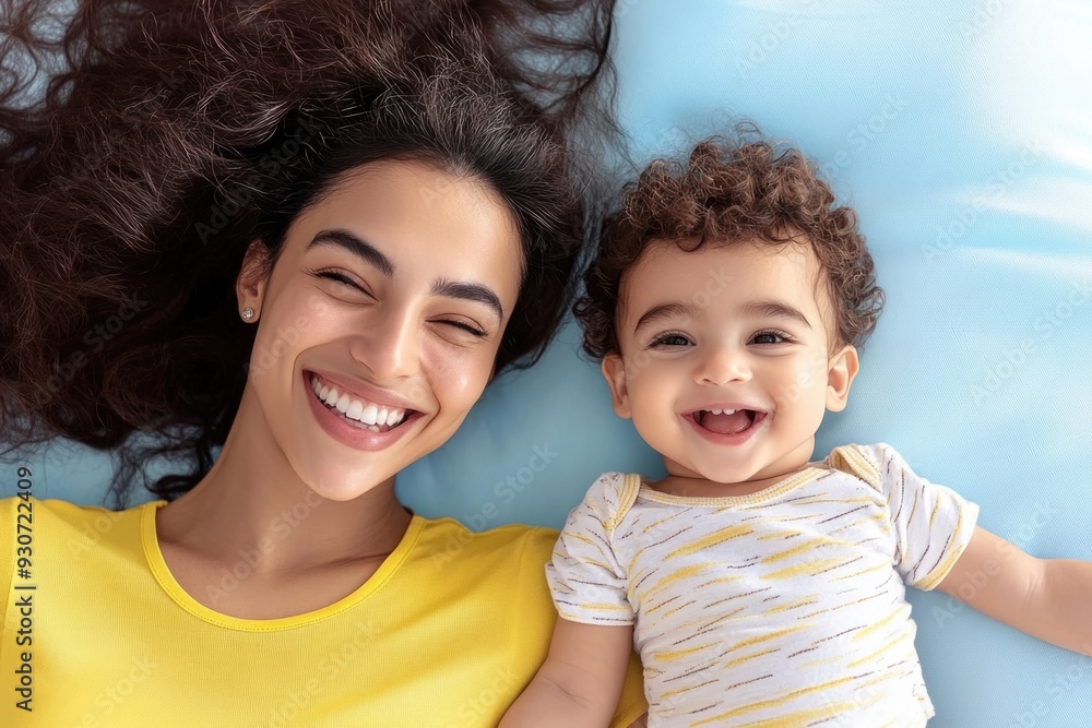 Cheerful Mother and Child Smiling Together - Happy Family Moment, Optimistic Style, Bonding Time Cheerful Mother and Child Smiling Together - Happy Family Moment, Optimistic Style, Bonding Time