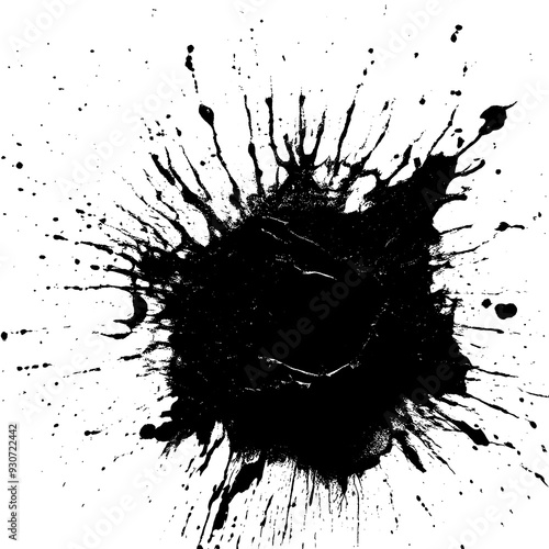 Black Ink Splash With Gritty Grunge Texture on White Background