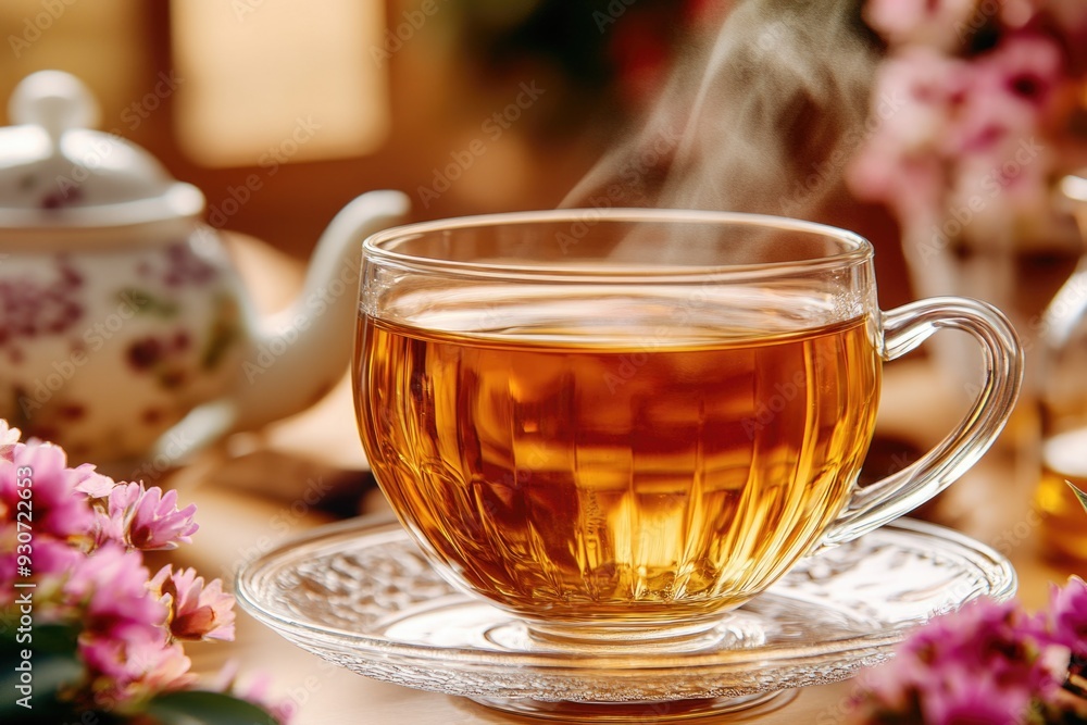 Close-Up of Steaming Green Tea in Elegant Glass Cup with Floral Background - Perfect for Beverage Promotion and Tea Time Themes Close-Up of Steaming Green Tea in Elegant Glass Cup with Floral Background - Perfect for Beverage Promotion and Tea Time Themes
