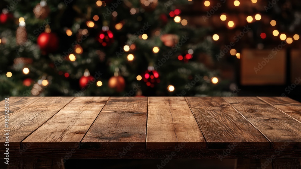 wooden table top for product display mockup with festive christmas tree background. wooden table top for product display mockup with festive christmas tree background.