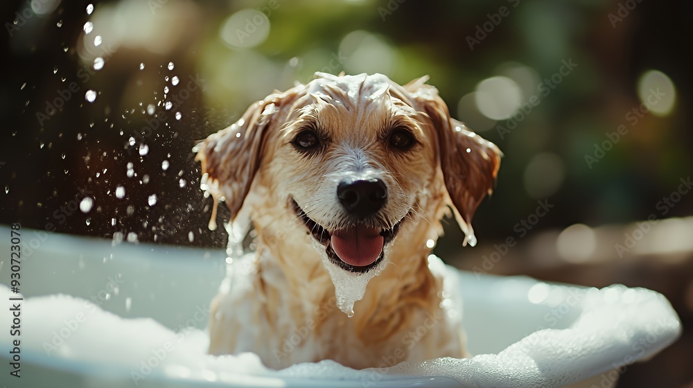A happy dog enjoying a bath with bubbles and water droplets. A happy dog enjoying a bath with bubbles and water droplets.