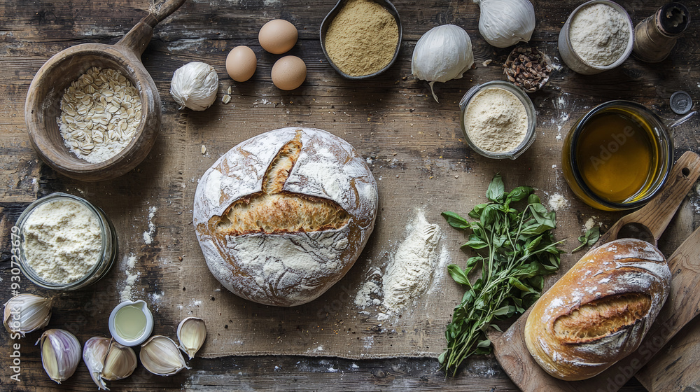 Rustic Bread Ingredients on a Wooden Surface. Generative AI