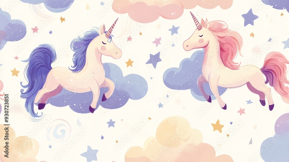 Two whimsical unicorns prance among pastel clouds and stars, creating a dreamy atmosphere perfect for enchanting designs Two whimsical unicorns prance among pastel clouds and stars, creating a dreamy atmosphere perfect for enchanting designs