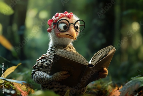 'A whimsical cartoon turkey engrossed in a book, exploring vivid imaginary worlds.' photo