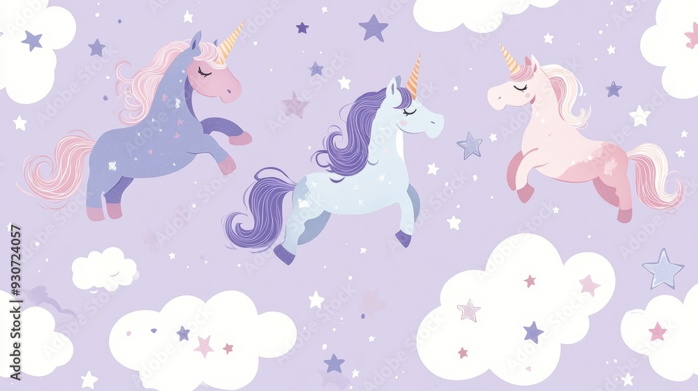 A playful and whimsical pattern featuring three colorful unicorns among clouds and stars on a soft purple background A playful and whimsical pattern featuring three colorful unicorns among clouds and stars on a soft purple background