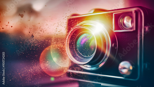 Camera Lens Flare: A vintage camera lens shines with a vibrant burst of light and color, capturing the magic of photography in a captivating image. The lens flare creates an abstract and artistic effe photo