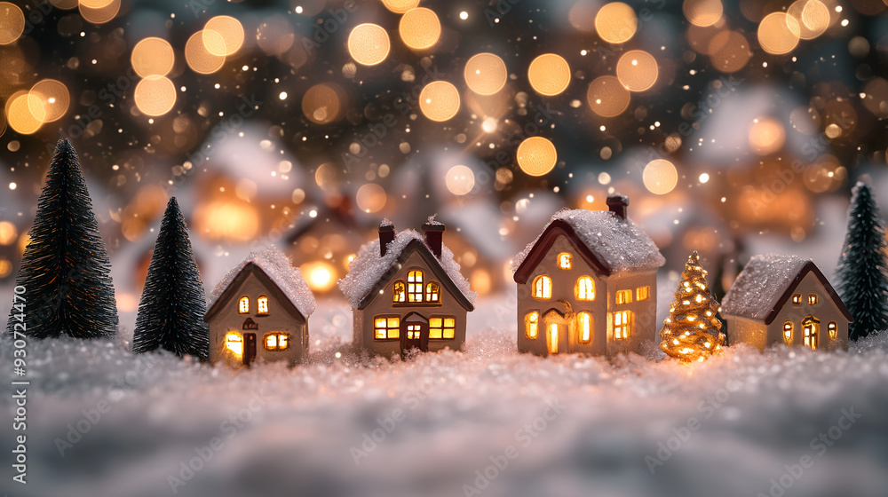 Fototapeta premium Snow-covered Christmas village scene whith the beautifully illuminated miniature houses, adorned with festive lights, set against a softly blurred background of glowing bokeh lights. 