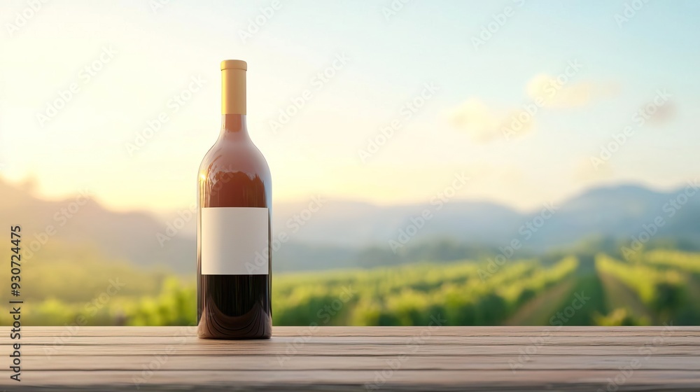 Single bottle of wine on wooden table with sunset and mountains background.