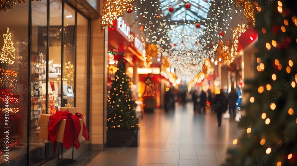 Obraz premium A festive storefront adorned with twinkling lights and a beautifully decorated Christmas tree.