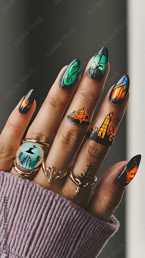 Obraz premium Halloween nail art design featuring a mystical enchanted theme.