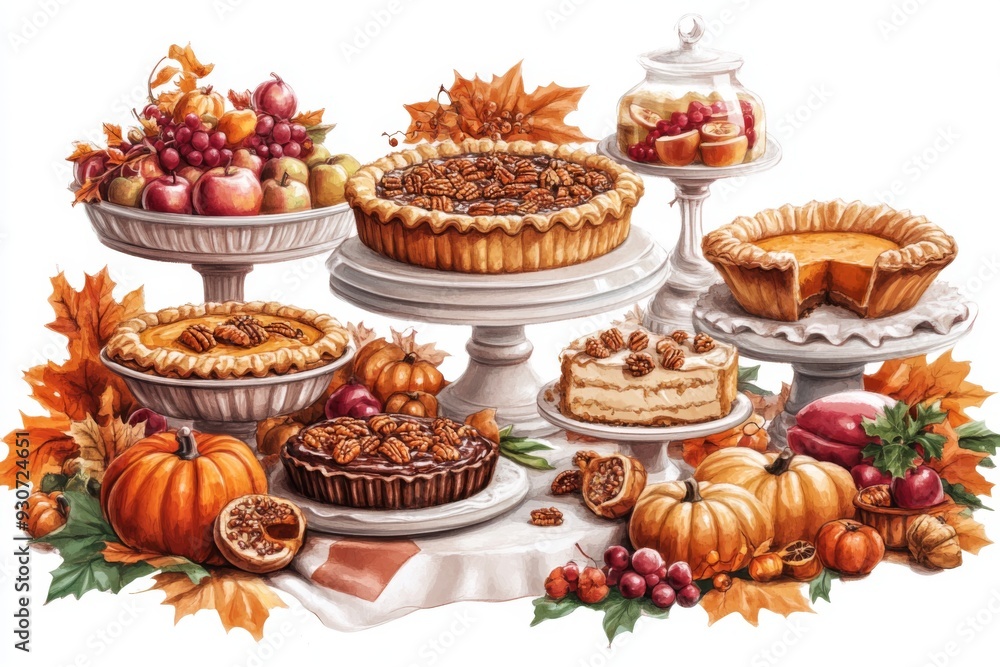 'A close-up view of a lavish Thanksgiving dessert table showcasing an assortment of pies, surrounded by autumn-themed decorations.' 'A close-up view of a lavish Thanksgiving dessert table showcasing an assortment of pies, surrounded by autumn-themed decorations.'