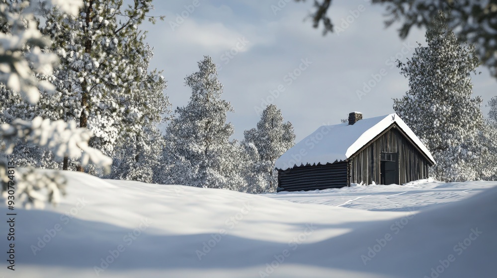 Cozy winter retreat: Detailed close-up of snow-covered cabin in picturesque landscape. Cozy winter retreat: Detailed close-up of snow-covered cabin in picturesque landscape.