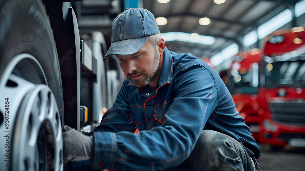 Car mechanic in uniform is replacement tyres on truck in automobile workshop. Truck auto repair shop. Support car insurance service. Modern transportation. Car mechanic in uniform is replacement tyres on truck in automobile workshop. Truck auto repair shop. Support car insurance service. Modern transportation.