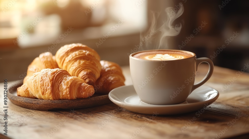 A warm cup of coffee with latte art sits beside a plate of freshly baked croissants on a wooden table, evoking a cozy cafe atmosphere A warm cup of coffee with latte art sits beside a plate of freshly baked croissants on a wooden table, evoking a cozy cafe atmosphere