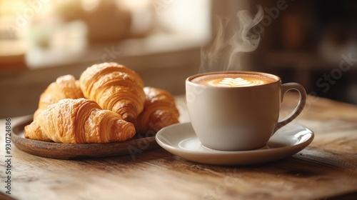 A warm cup of coffee with latte art sits beside a plate of freshly baked croissants on a wooden table, evoking a cozy cafe atmosphere