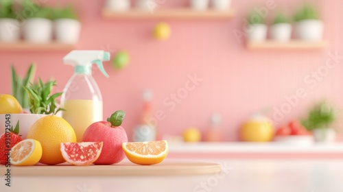 Fototapeta Naklejka Na Ścianę i Meble -  Fresh Citrus Fruits and Cleaning Spray Bottle on Kitchen Counter with Pink Background and Potted Plants