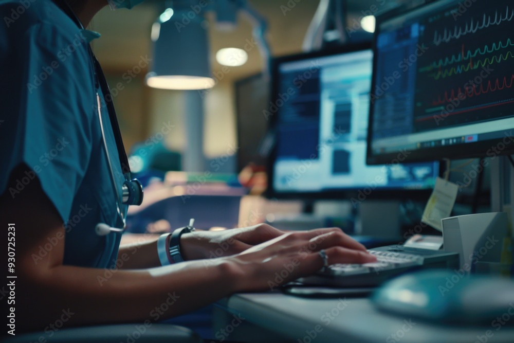 A person working at a desk with a laptop and keyboard A person working at a desk with a laptop and keyboard