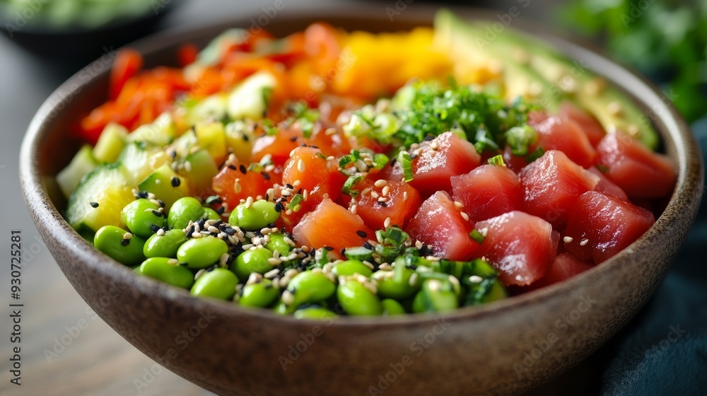 A colorful bowl filled with fresh vegetables, ripe avocado, and diced raw tuna, garnished with sesame seeds and herbs, showcasing a healthy and vibrant meal A colorful bowl filled with fresh vegetables, ripe avocado, and diced raw tuna, garnished with sesame seeds and herbs, showcasing a healthy and vibrant meal