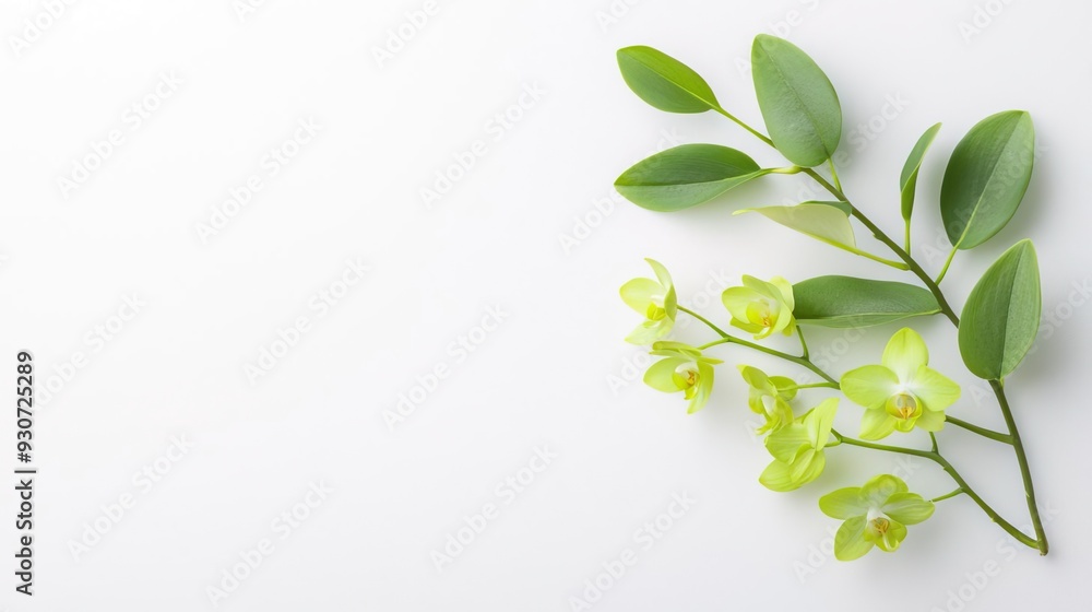 Green orchid flowers and leaves on a white background. Green orchid flowers and leaves on a white background.