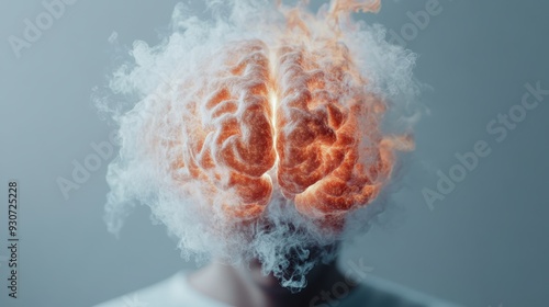 An immensely intense visualization of a brain enveloped in a cloud formation with a fiery essence, capturing the essence of creative thought and mental energy amplified visually. photo