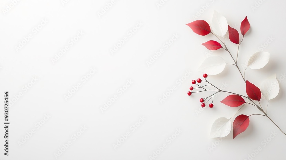 Small ivory white and garnet red winter leaves with tiny snowberries on a white backdrop. Minimalistic, high resolution, clear sharp focus, hyper-detailed. Small ivory white and garnet red winter leaves with tiny snowberries on a white backdrop. Minimalistic, high resolution, clear sharp focus, hyper-detailed.