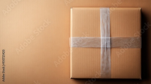 This image shows a neatly wrapped parcel tied with a white ribbon, placed on a plain background, creating a clean and simple aesthetic.