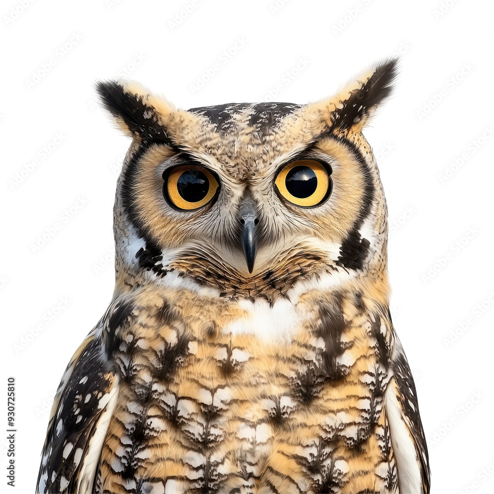 A mysterious owl with large, bright eyes staring straight ahead, isolated, cut out. A mysterious owl with large, bright eyes staring straight ahead, isolated, cut out.