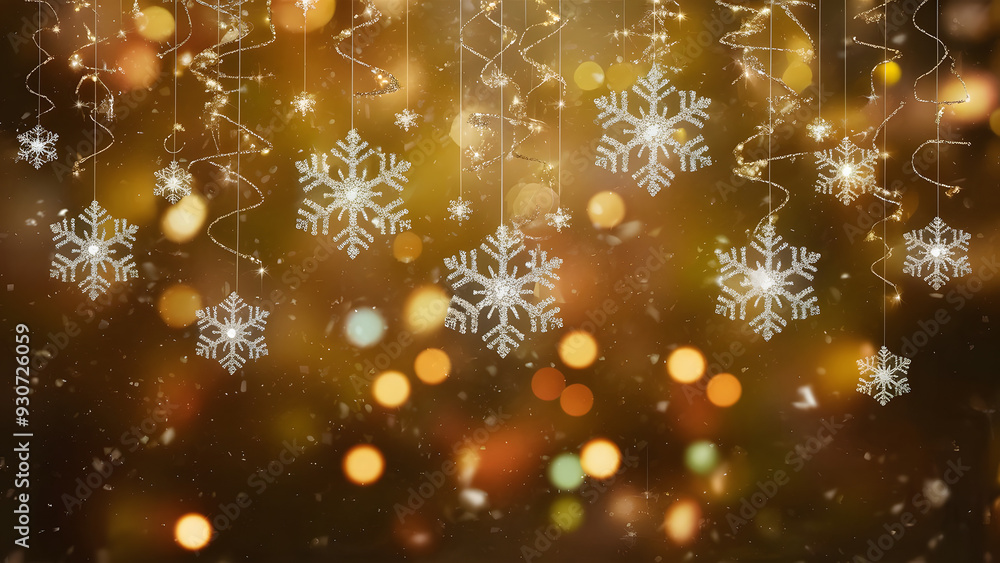 Golden snowflakes dance on a winter wonderland background, perfect for a festive Christmas celebration Golden snowflakes dance on a winter wonderland background, perfect for a festive Christmas celebration
