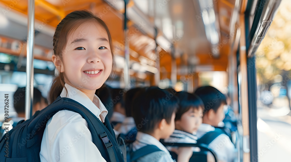 Obraz premium Smiling asian schoolgirl with a backpack is standing in a school bus with her classmates. Elementary school. Journey to Knowledge. Concept back to school.