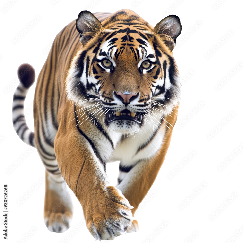 Fototapeta premium A striking Bengal tiger prowling with intent, isolated, cut out.