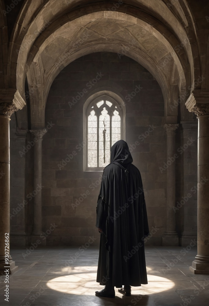 Naklejka premium A cloaked figure stands in a dimly lit ancient hall, illuminated by a soft beam of light. The scene evokes mystery and intrigue, ideal for fantasy or historical themes.